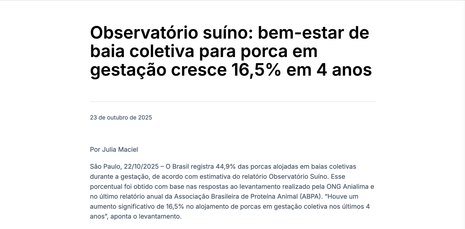Observatório suíno: bem-estar de baia coletiva para porca em gestação cresce 16,5% em 4 anos